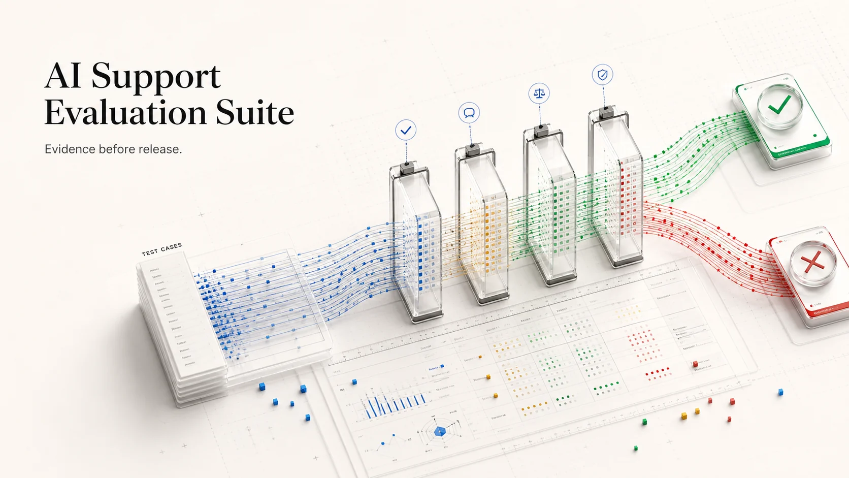 Support test cases flowing through evaluation gates into pass and fail paths