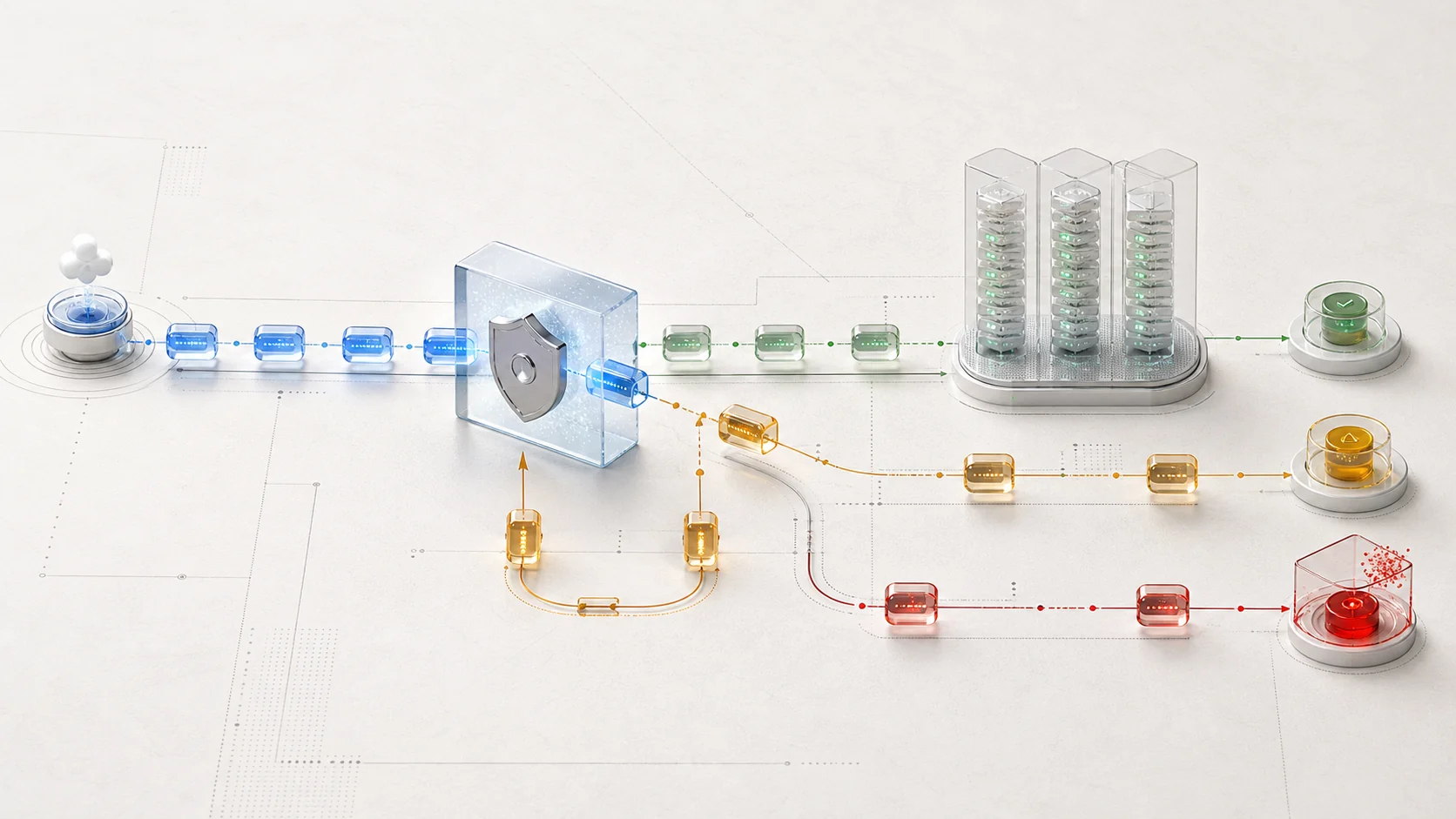 Technical illustration of webhook events passing through a signature gate into processed, retry, and collision paths